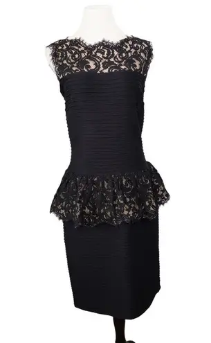 Tadashi Shoji Pintuck Peplum Sleeveless Stretch Sheer Lace Dress Black Medium