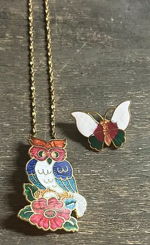 Colorful Owl Cloisonné Necklace / Brooch and Butterfly Pendant Set Red