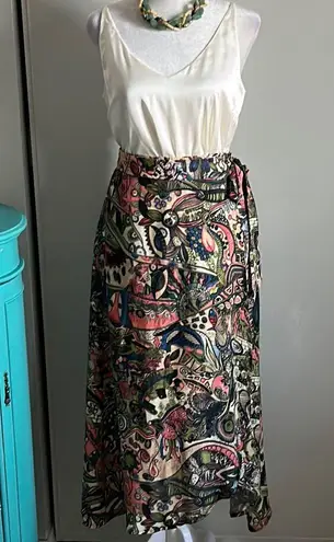 New Enze Apparel Multicolor Abstract Floral Paisley Faux Wrap Long Midi Skirt Green
