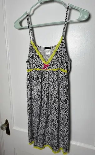 Vintage Y2K Black White Leopard Babydoll Lime Green Cami Mini Dress Women's MED