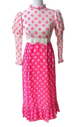 Vintage 60s Pink White Polka Dot High Neck Chiffon Prom Formal Dress XS or Small