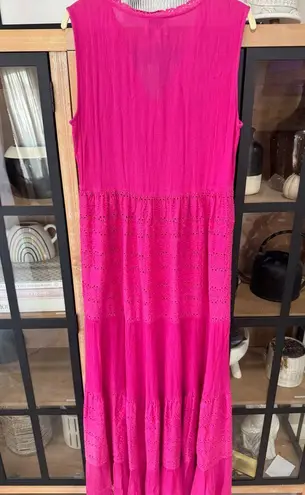 Playa Lucila eyelet maxi dress tiered embroidered gauze button down tiered hot Pink Size M