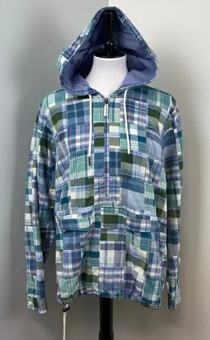 LL Bean Anorak Madras Patchwork Plaid Pullover Hoodie Jacket Women’s XL 90s Blue