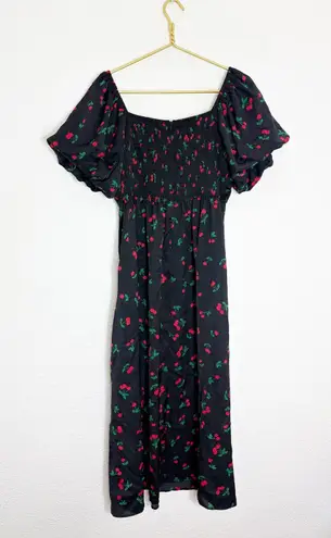 Petal & Pup Chlo Cherry Print Puff Sleeve Midi Dress Size Large Smocked Retro Black