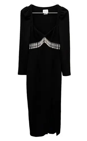 Saylor Alina Ribbed Imitation Pearl Fringe Long Sleeve Midi Dress (S)