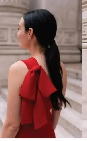 Gal Meets Glam Red Carmen One Shoulder Bow Wide Leg Jumpsuit