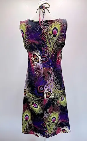 Peacock Feather Sleeveless Shift Dress with Embellished Neckline Size Medium
