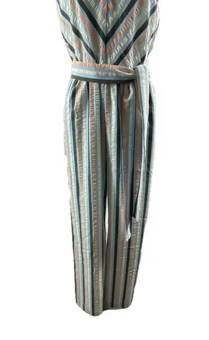 Lela Rose Stripped V Neck Bow Tie Belted Wide Leg Jumpsuit Size 2