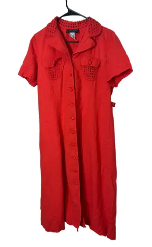 JOHN ROBERTS Red Linen Blend Button Front Collared Midi Shirt Dress Size 14
