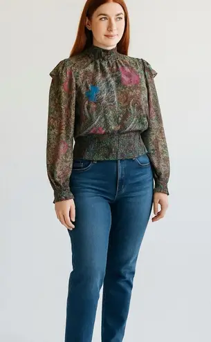 Lavender Brown Paisley & Floral Smocked Blouse with Mandarin Collar Size Large L