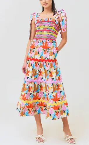 Celia B Nilsa Dress Floral Tiered Midi Size XL NWT Scalloped Details Tie Straps Pink