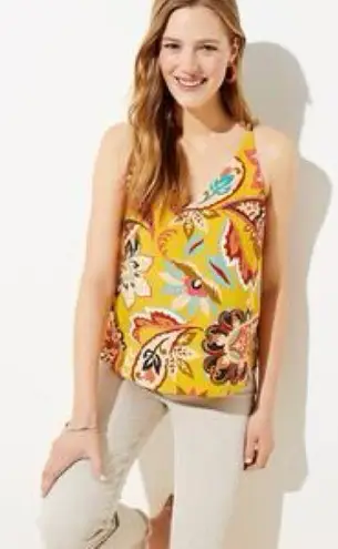 T Tahari Tank Top Floral Women Size XS Mustard Yellow Paisley V-Neck Sleeveless