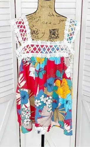 See and Be Seen Floral Crochet Neck Sleeveless Tank Top Red Multi Medium