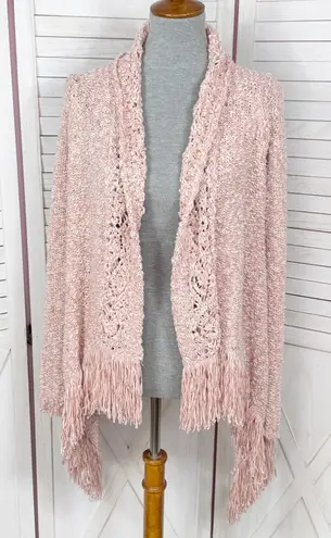 New York & Comp Fringe Hem Chunky Knit Open Cardigan Sweater Pink Medium Boho