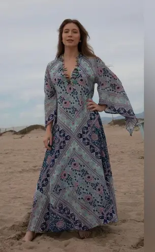 BLUE BOHEME Audrey Printed Maxi kaftan Dress Butterfly Sleeves brown large Brown