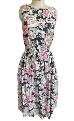 Vintage 90s Eileen West Dark Floral Roses Backless Midi Cotton Dress Size Medium Black