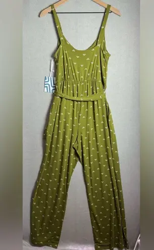 Market & Spruce Womens Olive Green Jumpsuit Wide Leg Waist Tie Geometric Print S