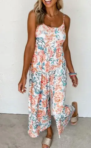 NEW White with Orange & Blue Floral Spaghetti Strap Wide Leg Jumpsuit Size XL