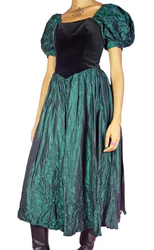 Laura Ashley Vintage 80s Tea Dress Velvet Taffeta Brocade Black Green Size 10