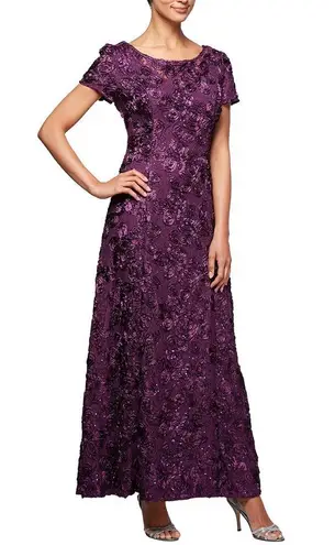 Alex Evenings  Embellished Lace A-Line Gown, Purple Eggplant Size 14 New w/Tag