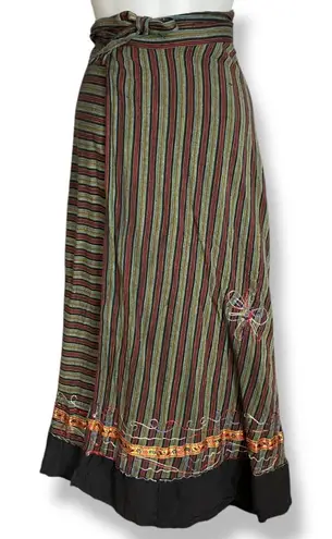 Striped Wrap Skirt Floral Embroidery Boho Flowers Ribbon Tie Waist Green Red Size undefined