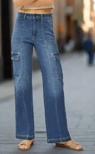Risen High Rise Wide Leg Cargo Jeans Size 9 / 29 Utility Stretch Denim Relaxed Blue