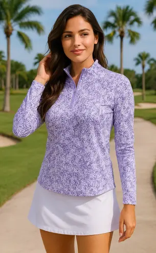 IBKUL Womens Lavender Abstract Print Size M UPF 50 Mock Neck Zip Golf Top Purple Size M