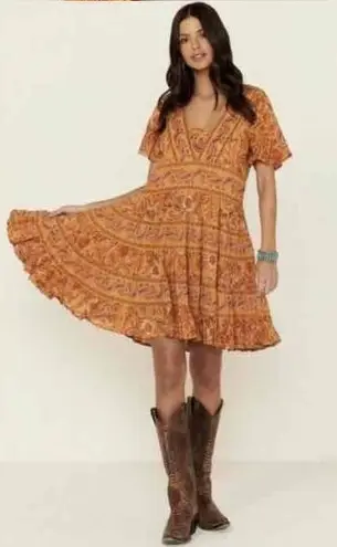 Patrons of Peace Orange Paisley V Neck Floral Pattern Knee Length Dress Womens S