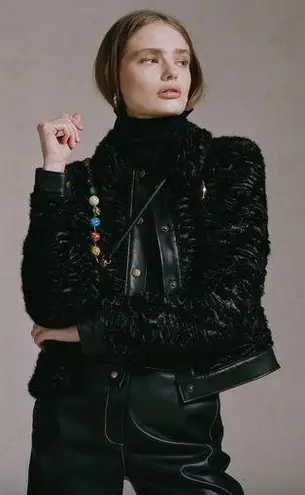 STAUD Buddha black faux shearling fur jacket w/ yellow leather trim size S small