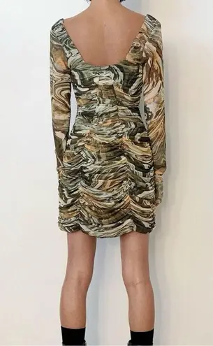 ZARA  Sheath Dress Marbled Ruched Draped Tulle Mini Khaki Green Orange Small