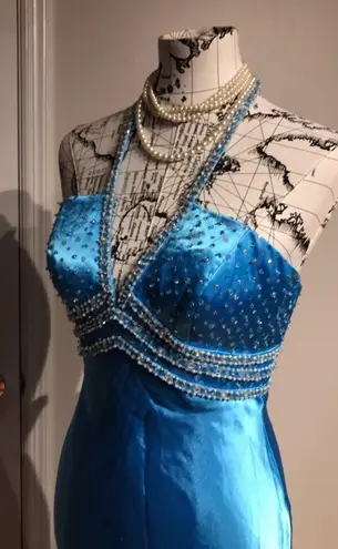 Mori Lee Vintage Y2k Colorful Coquette Coastal Satin Mermaid High Low Embellished Beads Halter Empire Fitted Prom Evening Formal