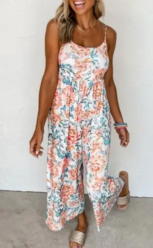Wide Leg Spaghetti Strap Cropped Romper Jumpsuit Coral Orange Blue Floral Small