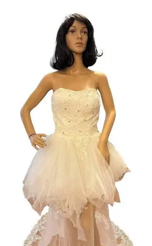 Unique Vintage Vintage high low wedding prom strapless corset tulle maxi train dress size small