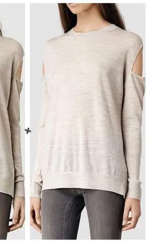 All Saints Elton Cream Merino Wool Sweater XS Cut Out Shoulder Lightweight