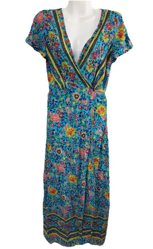 Pretty Garden Wrap Short Sleeve Maxi Dress Colorful Beautiful Boho Prairie sz M Size M