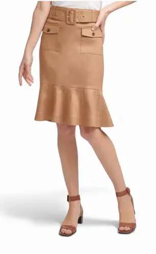 Calvin Klein  Size 6 Women's Tan Linen Blend Ruffle Hem Belted A-line Skirt thumbnail 1