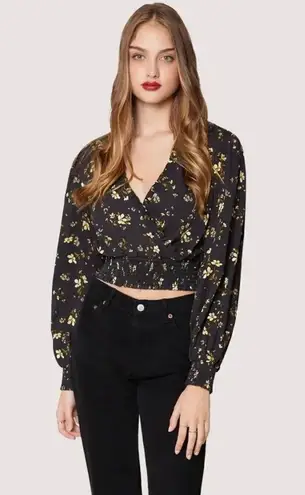 Lost + Wander Daisy Floral Long Sleeve Crop Top 2X Black Smocked Ruffle V-Neck