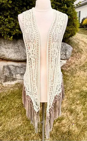 Origami Crochet & Lace Vest with Fringe, Boho Country Coachella, size S/M Tan