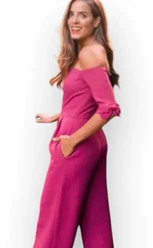 Gal Meets Glam Meredith Jumpsuit Women's Size 0P Pink Bow Off Shoulder Wide Leg