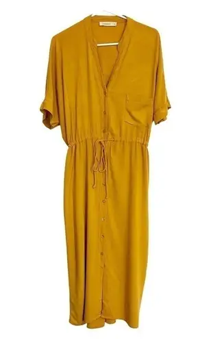 Rokoko Button Front Tie Waist Short Sleeve Midi Dress Pocket Mustard Yellow Sz M