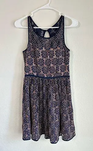 Minuet Deep Blue Pink Midi Bow Detail Lace Embroidered Dress Size Small Wedding