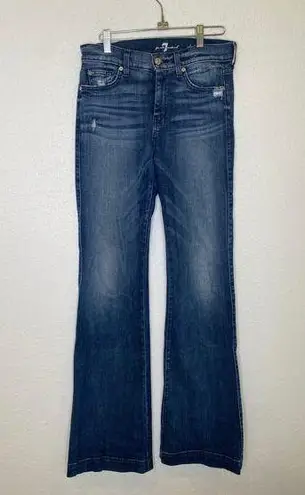 7 For All Mankind 7FAMK Dojo Flare Denim Jeans EUC Sz 27 Long Inseam Distressed Cotton USA