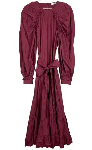 Ulla Johnson  Samar Burgundy Belted Tiered Ruched Cotton Poplin Midi Dress Size 8