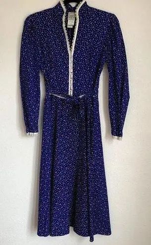 Gunne Sax Vintage 80s Calico Floral Prairie Midi Dress in Blue