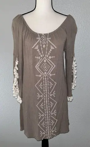 Kori America Neutral Off the Shoulder Tassel Tunic Bohemian Dress Size Large