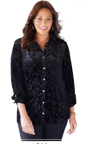Catherines Size 3x Button Front Velvet Burnout Black Blouse Top Floral Sheer