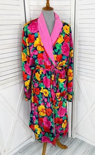 Victoria's Secret Victoria’s Secret Vintage Floral Satin Terrycloth Lined Robe Blue Pink One Size