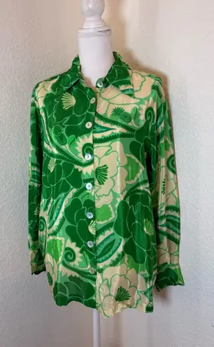 Farm Rio Women’s M Green Cream Tropical Groove Long Sleeve Viscose Blouse