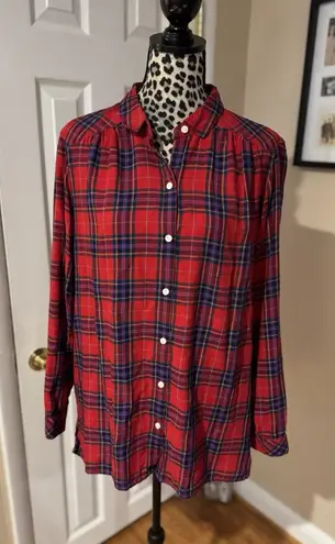 J. Jill Womens Button Up Red Green Blue Plaid Long Sleeve L Holiday Soft Size L