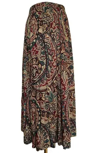 Vintage Paisley Pleated Midi Skirt Size Small 1970s USA Beige Red Elastic Waist